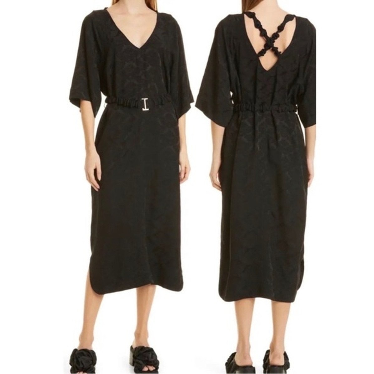 Ganni Belted Satin-Jacquard Midi Dress